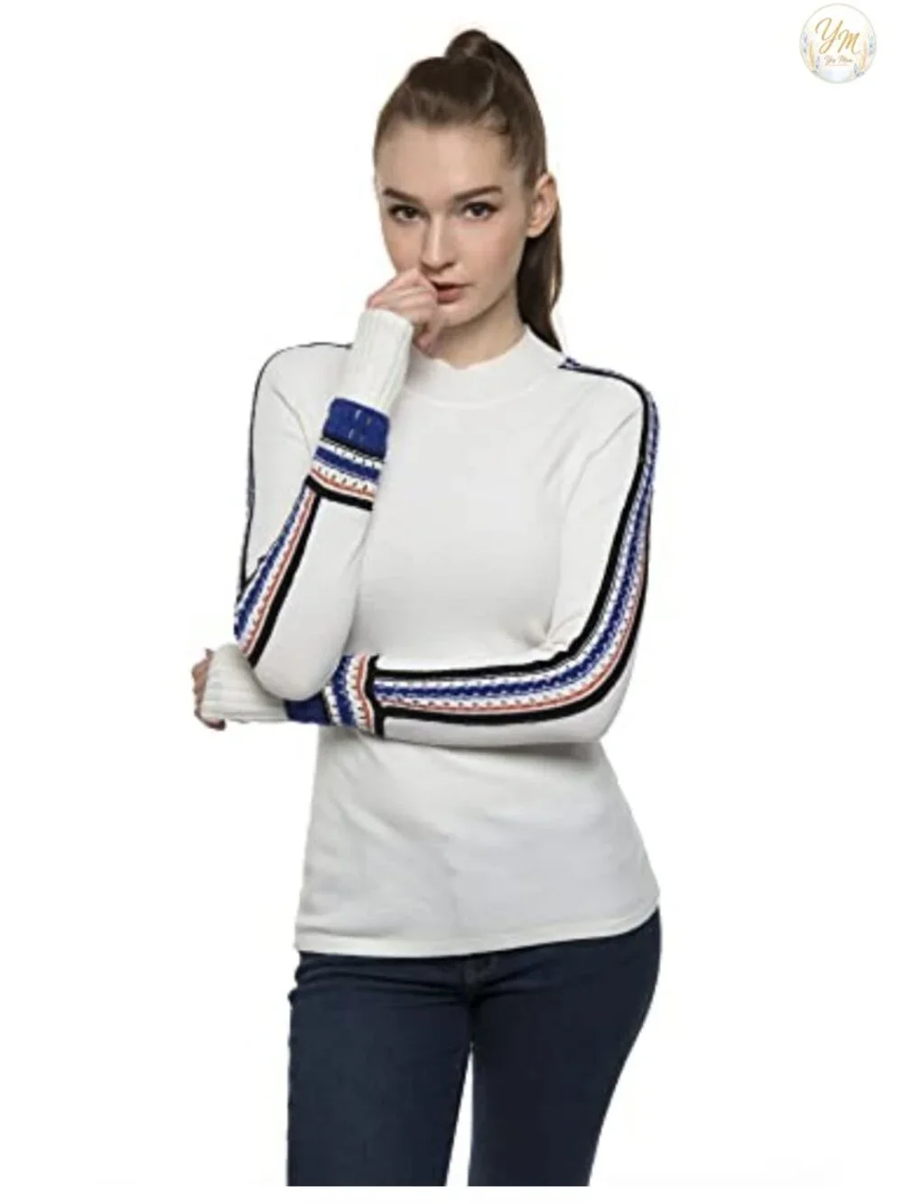 Women's Mock Neck Fair Isle Trim Long Sleeve Pullover Knit Sweater Slim Fit